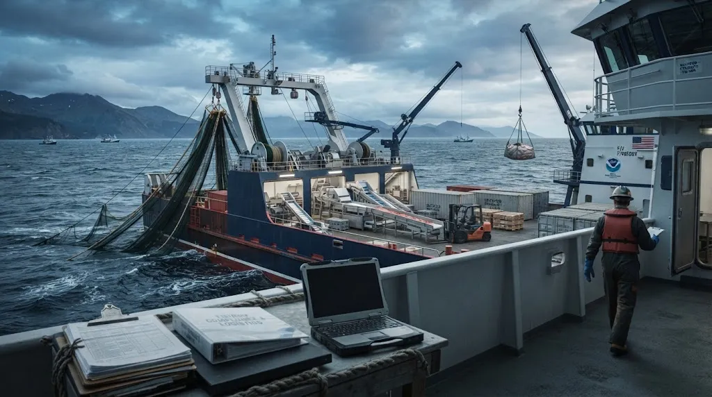 Floating seafood processing vessel representing Northline Seafoods legal and compliance risks