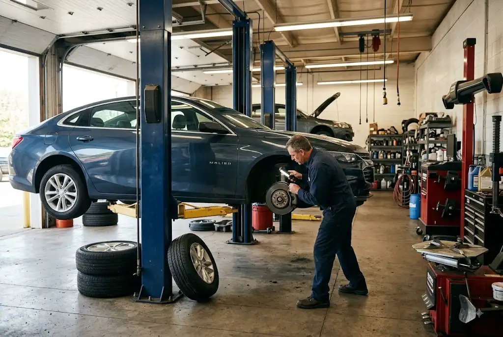 Mechanic inspecting a vehicle at an independent auto repair shop in Jenison