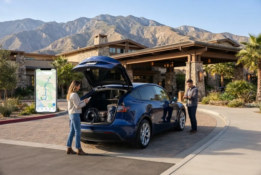 Electric vehicle parked near Soboba Casino Resort with San Jacinto Mountains