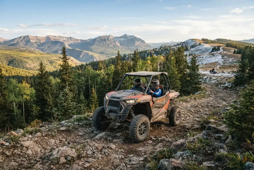 Side-by-side powersports vehicle on a mountain trail near Steamboat Springs, Colorado