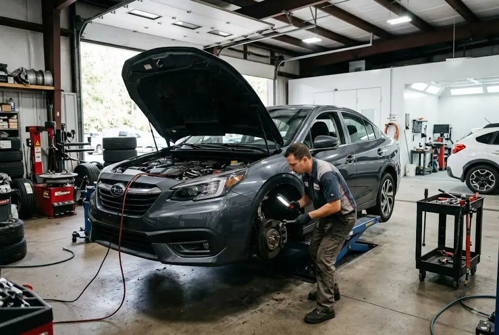 Mechanic inspecting a vehicle inside a professional auto service shop in Suffern