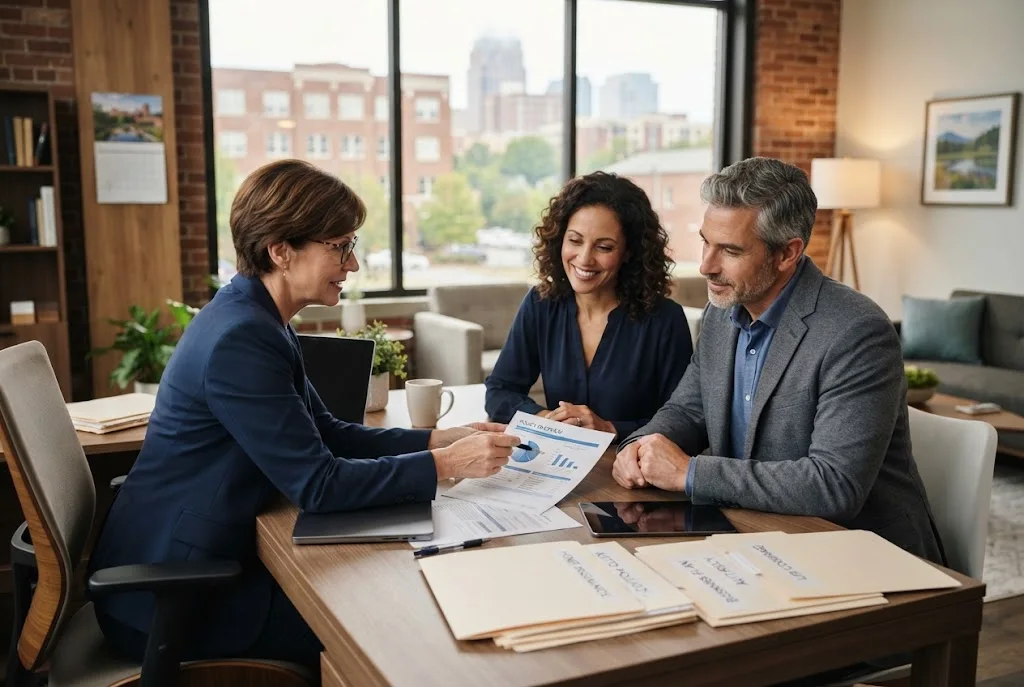 Insurance advisor discussing coverage options with clients in Durham