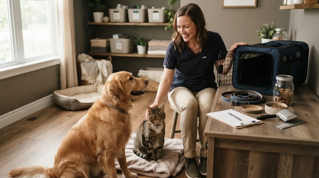 Dog and cat receiving organized professional pet-care support in a clean indoor setting