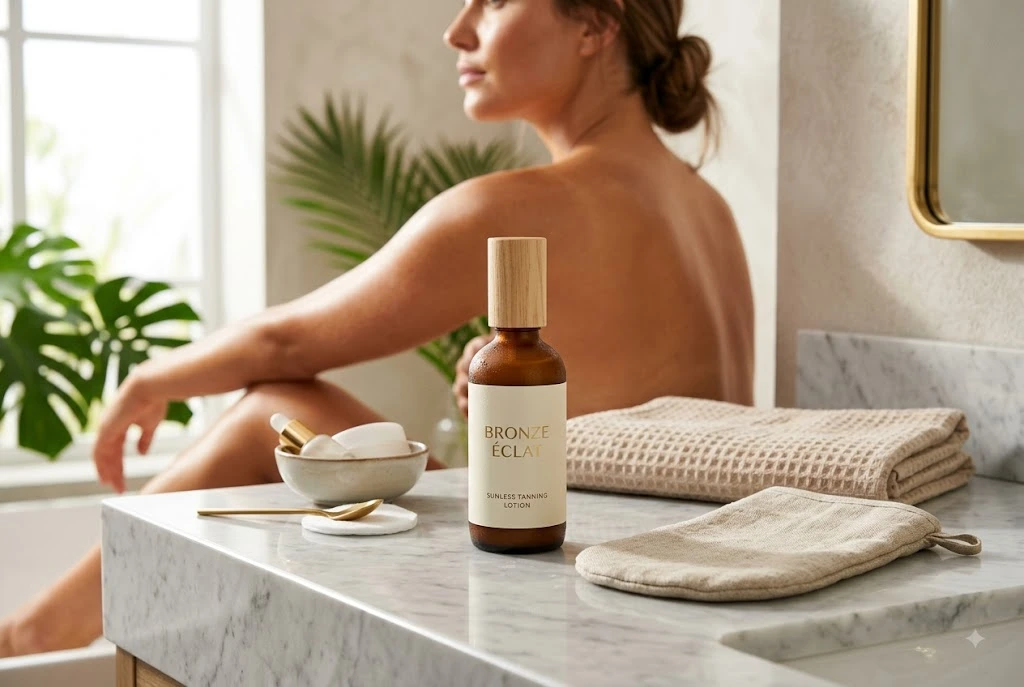 Tanning lotion bottle with application mitt and warm bronzed skin in a beauty setting