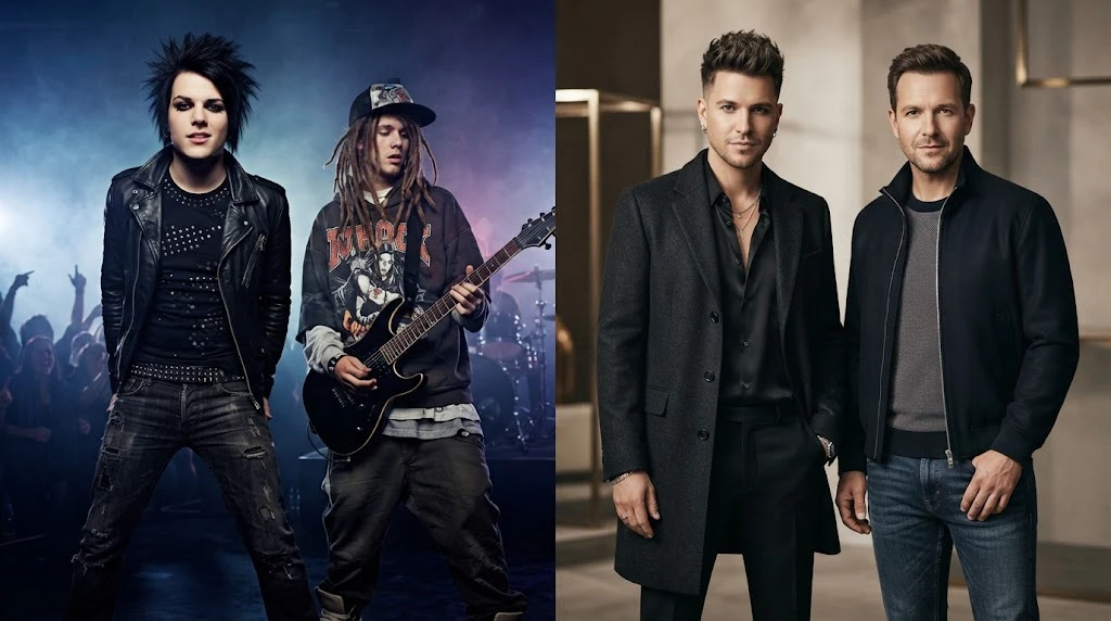 Visual representation of Tokio Hotel's transformation from early rock styling to contemporary fashion