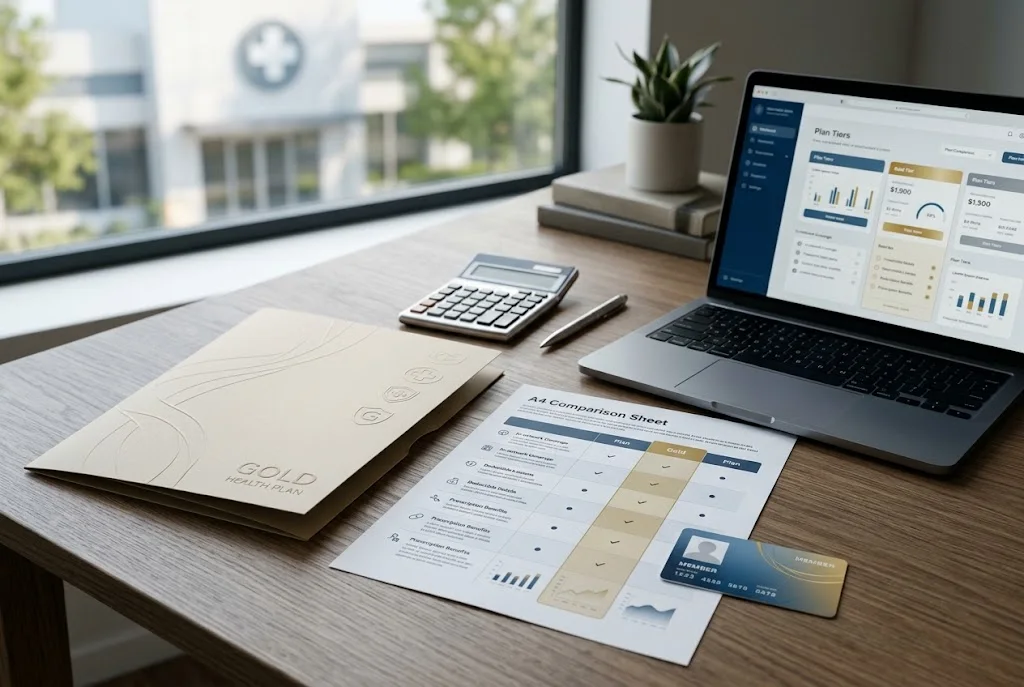 Health insurance plan documents and benefits comparison representing Wellmark Gold insurance