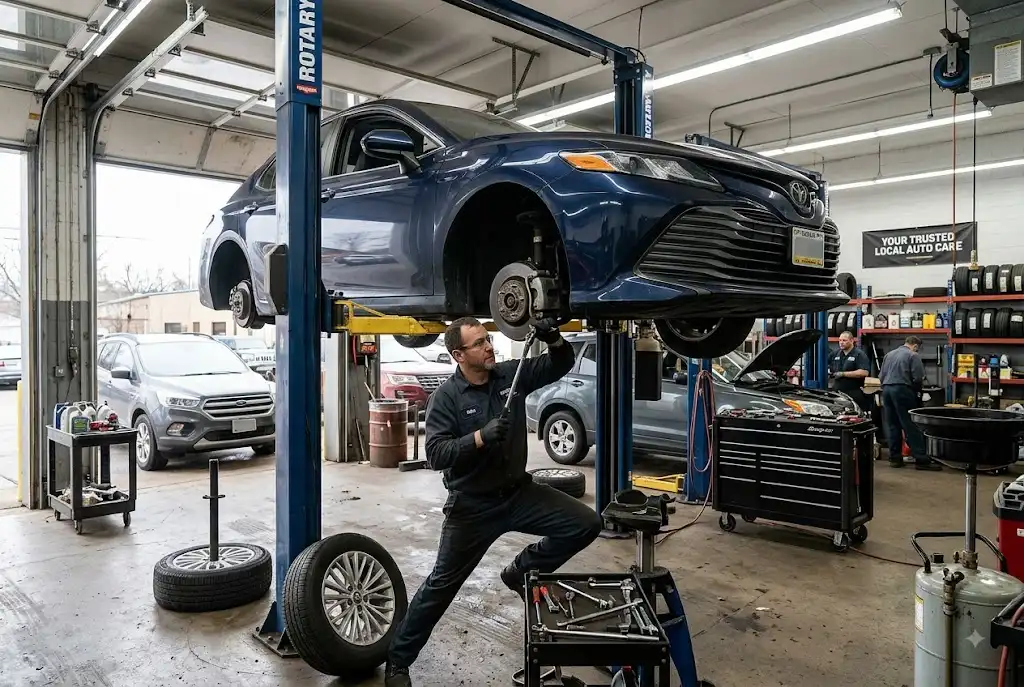 Mechanic inspecting a vehicle in an Indianapolis auto repair shop