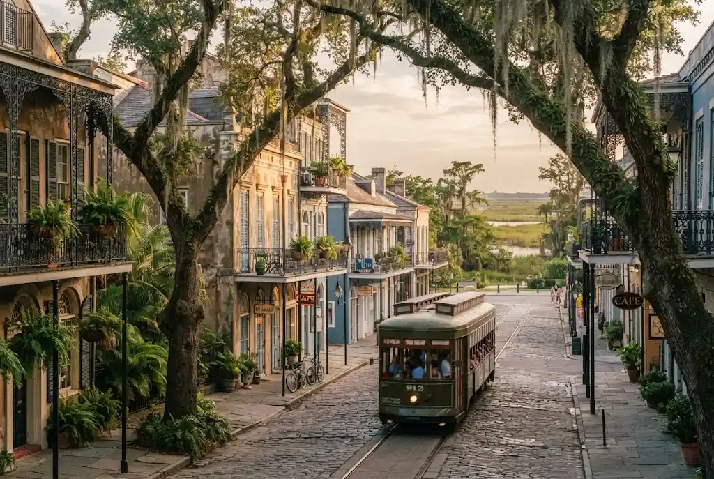 Louisiana travel scene with historic architecture, live oak trees, and Southern scenery