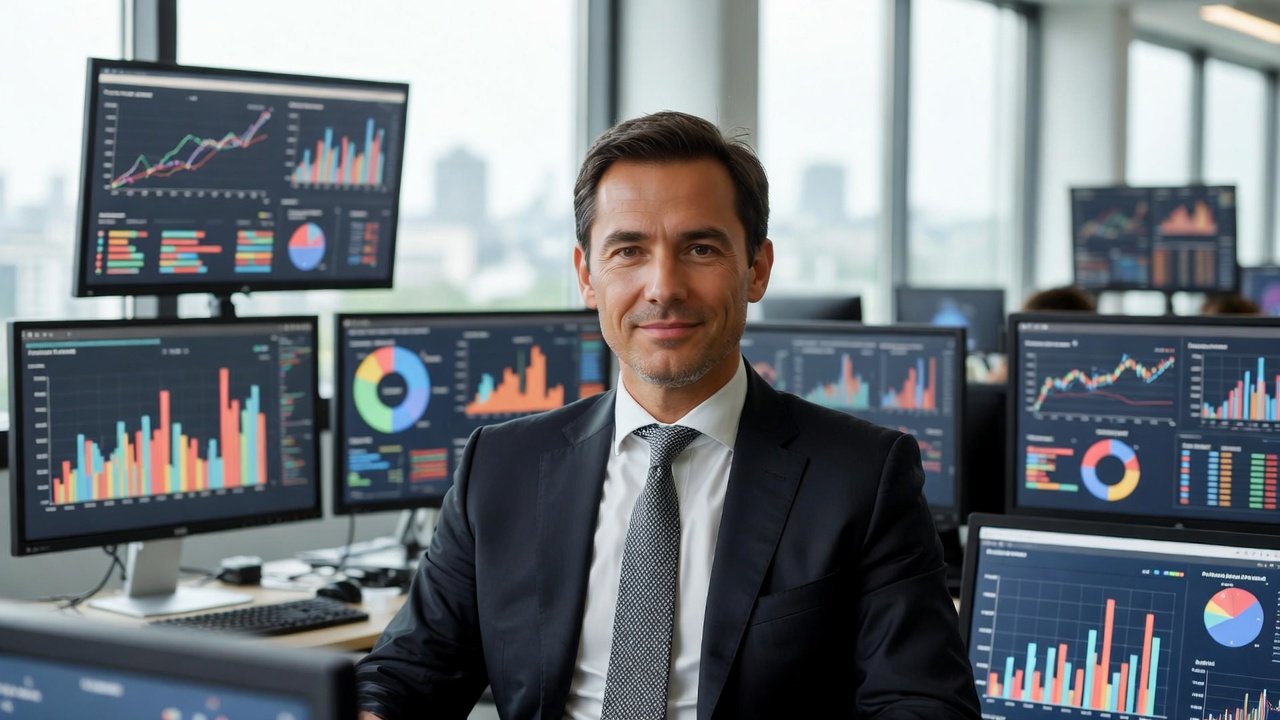 L’viv executive analyzing high-velocity marketing growth and digital transformation strategies in a modern office setting.