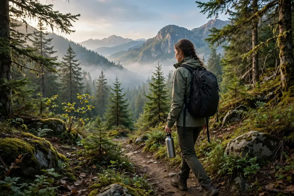 Eco-friendly travel — a traveler with a backpack and reusable bottle walking a forest trail in the mountains