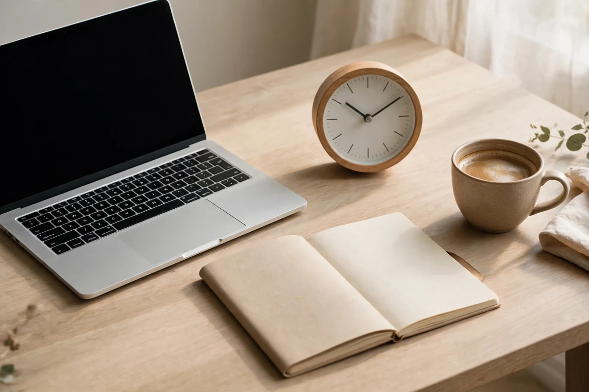 How to improve focus and productivity — a tidy desk with a laptop, notebook, clock and coffee in soft daylight